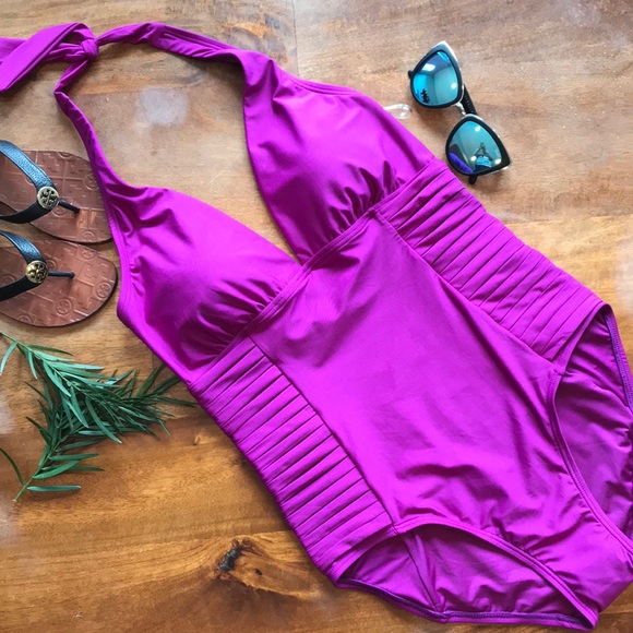 Calvin Klein Pleated Slimming Halter One Piece - Picture 2 of 5